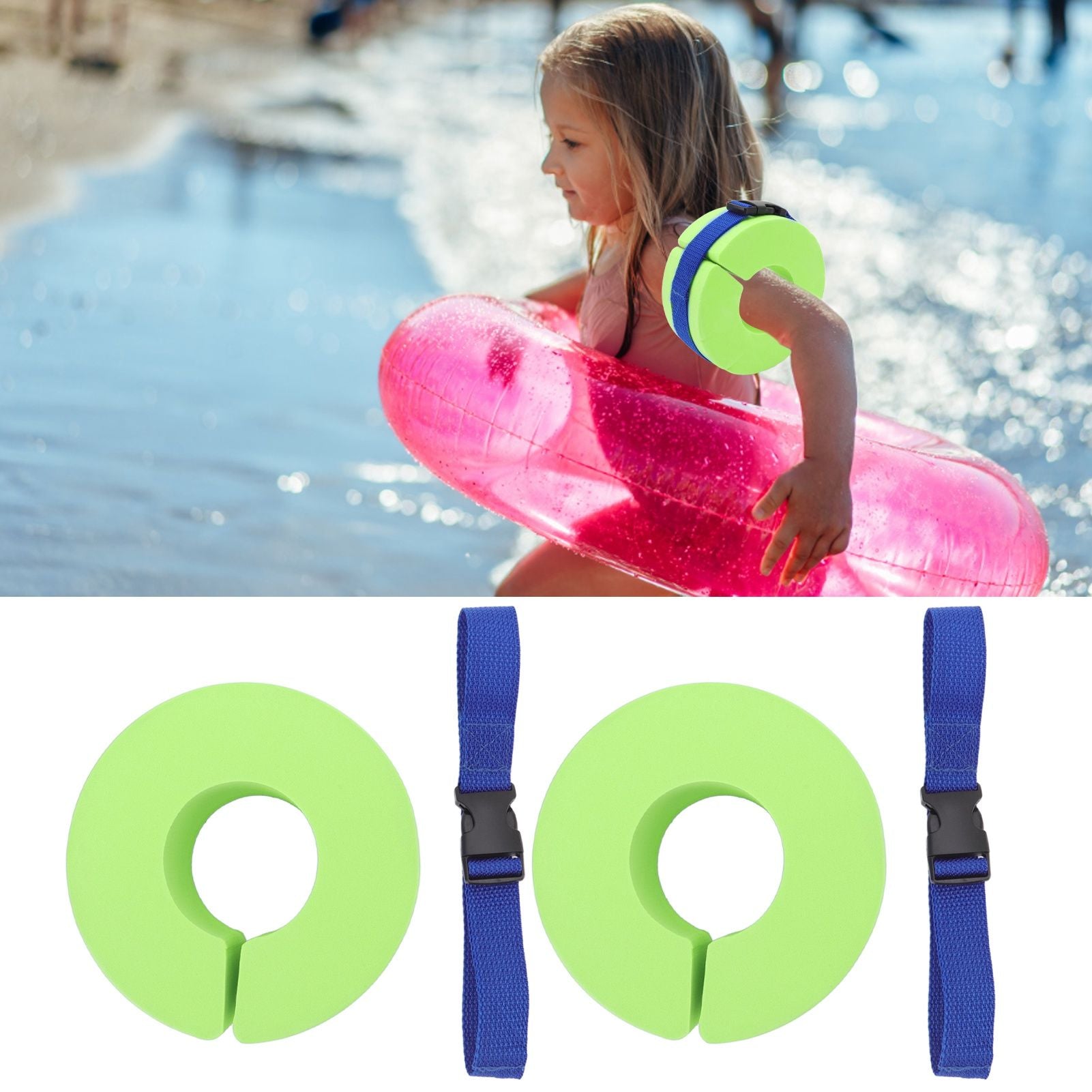2 Pcs Thicken Baby Swim Cuffs EVA Children's Swimming Buoyancy Foam Arm Ring Kid's Swmming Equipment Green Belt