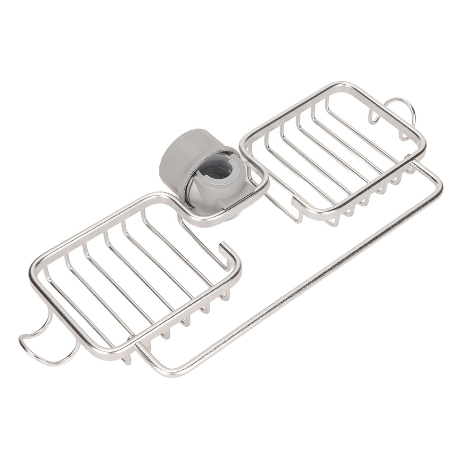 Faucet Storage Shelf Aluminum Plastic Two Containers with Towel Rod for Sponge Rag Kitchen Bathroom Silver