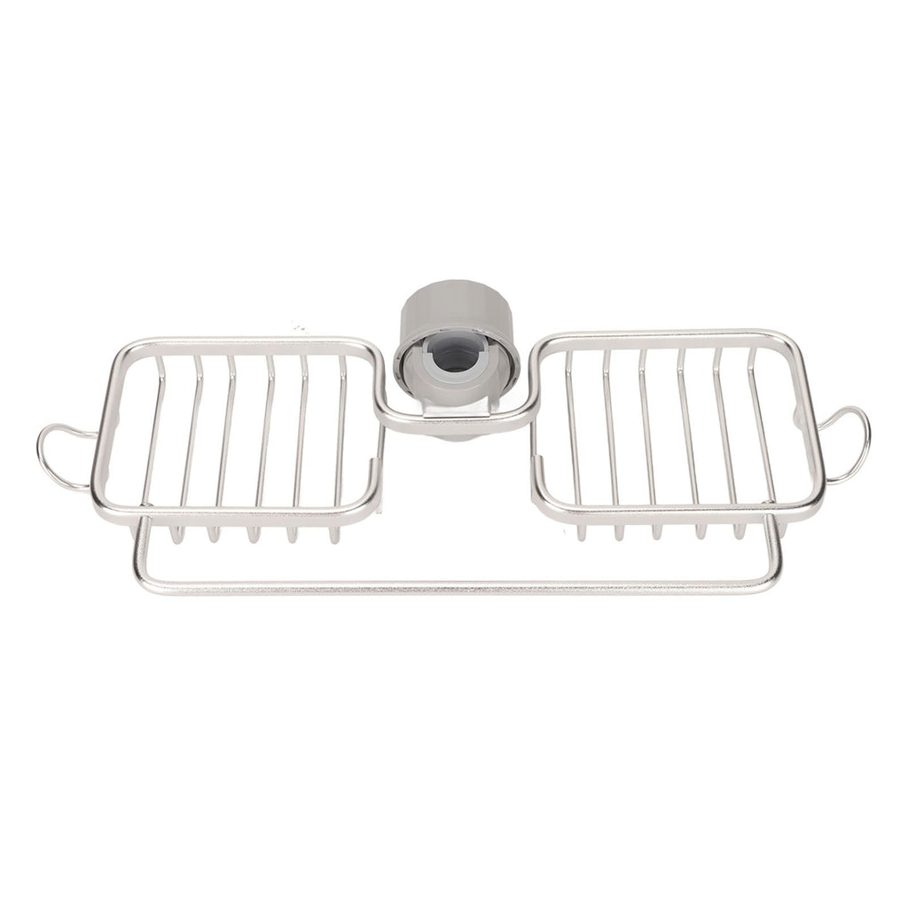 Faucet Storage Shelf Aluminum Plastic Two Containers with Towel Rod for Sponge Rag Kitchen Bathroom Silver