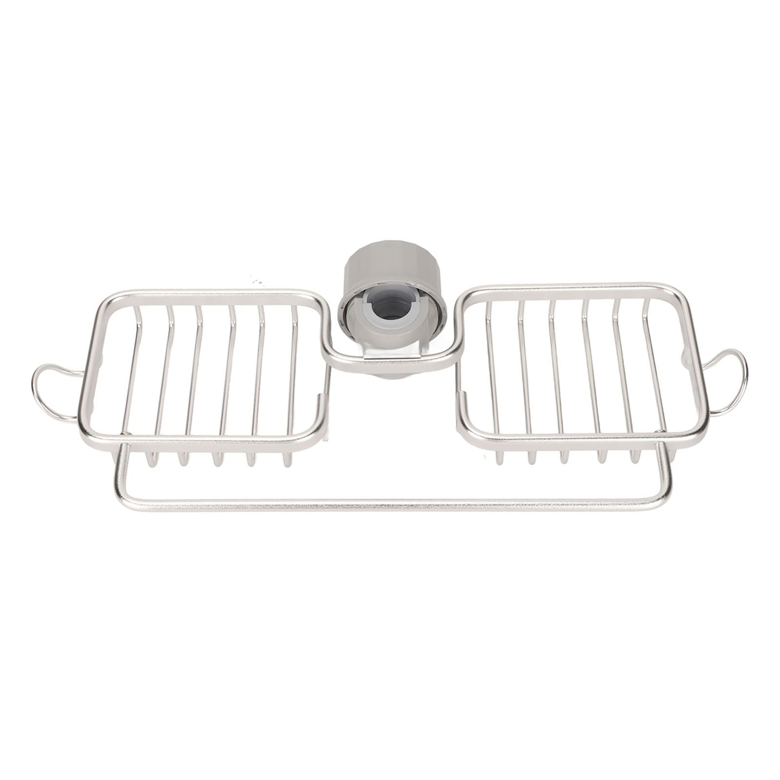 Faucet Storage Shelf Aluminum Plastic Two Containers with Towel Rod for Sponge Rag Kitchen Bathroom Silver