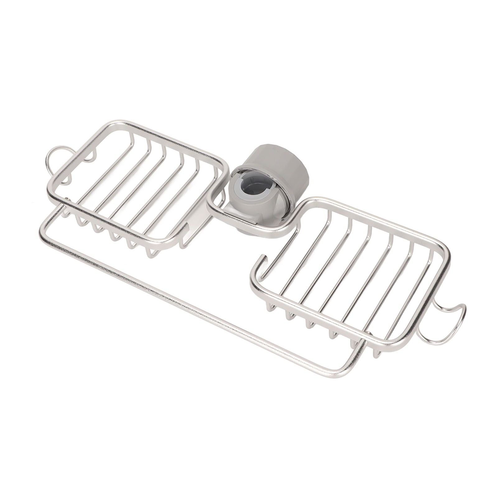 Faucet Storage Shelf Aluminum Plastic Two Containers with Towel Rod for Sponge Rag Kitchen Bathroom Silver