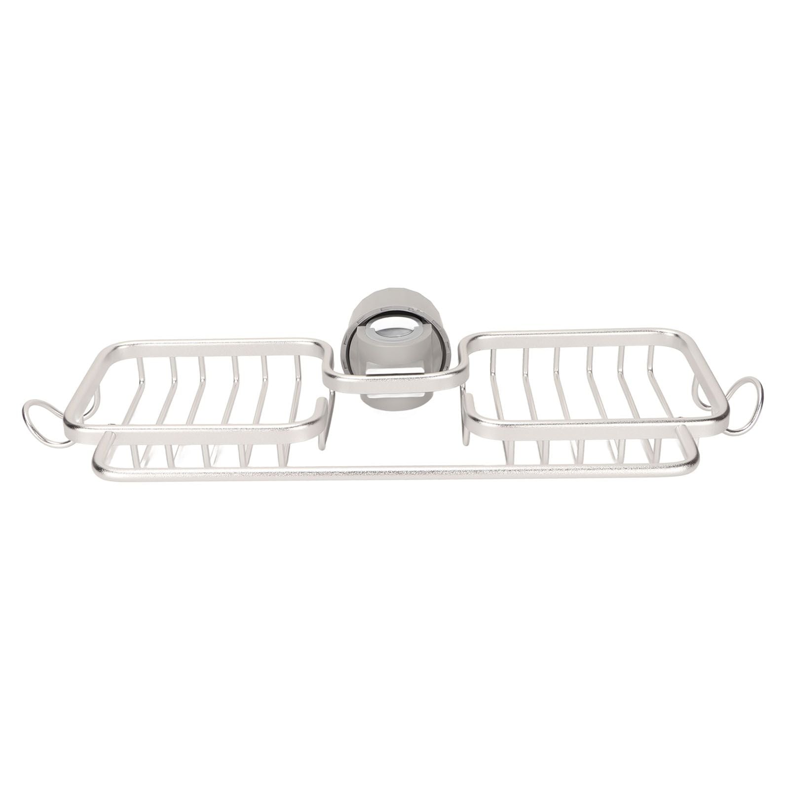 Faucet Storage Shelf Aluminum Plastic Two Containers with Towel Rod for Sponge Rag Kitchen Bathroom Silver