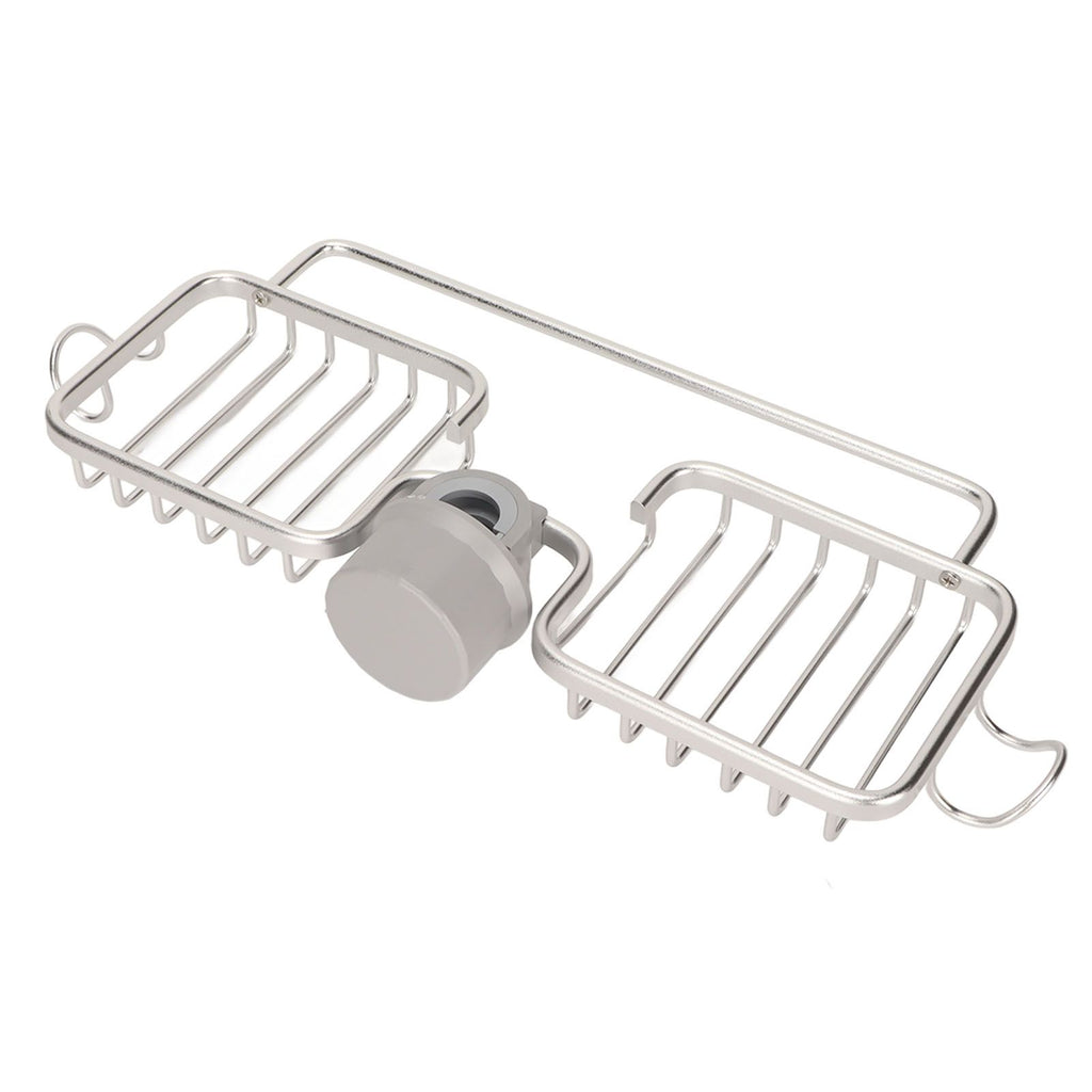 Faucet Storage Shelf Aluminum Plastic Two Containers with Towel Rod for Sponge Rag Kitchen Bathroom Silver