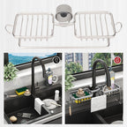 Faucet Storage Shelf Aluminum Plastic Two Containers with Towel Rod for Sponge Rag Kitchen Bathroom Silver