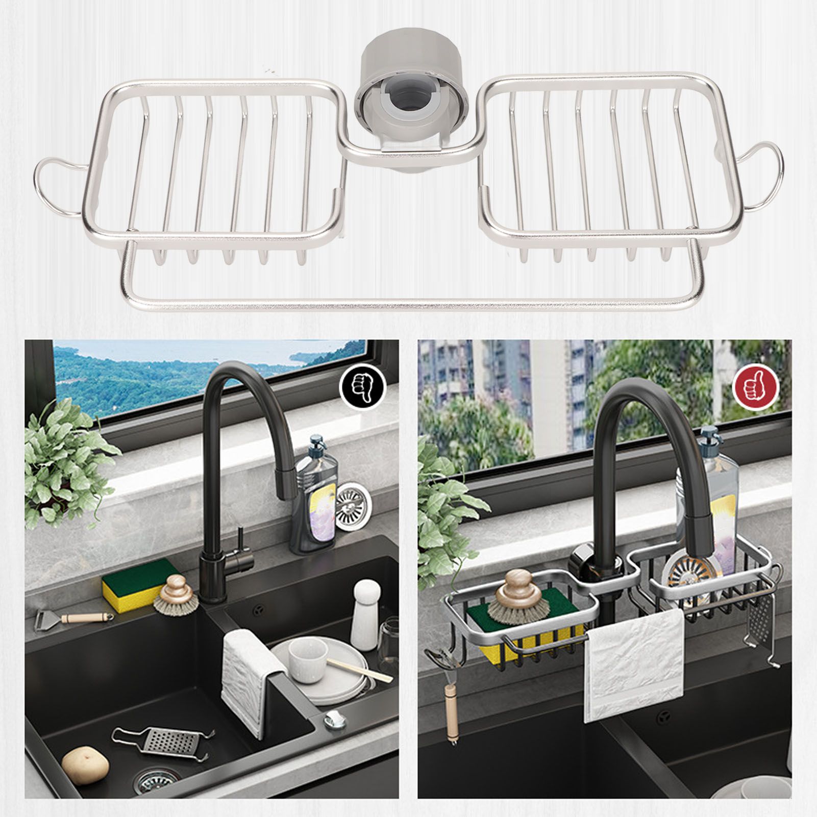 Faucet Storage Shelf Aluminum Plastic Two Containers with Towel Rod for Sponge Rag Kitchen Bathroom Silver