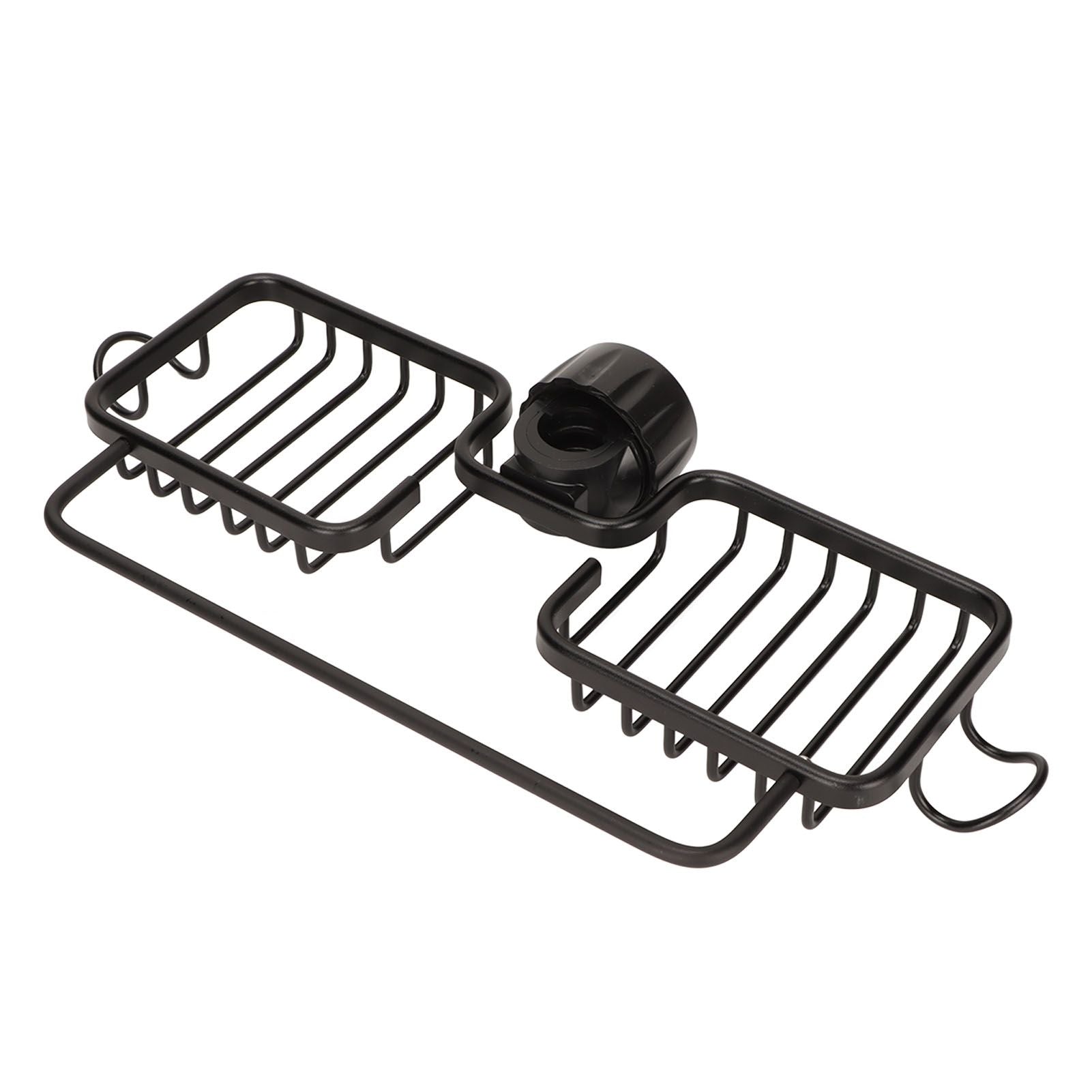 Faucet Storage Shelf Aluminum Plastic Two Containers with Towel Rod for Sponge Rag Kitchen Bathroom Black