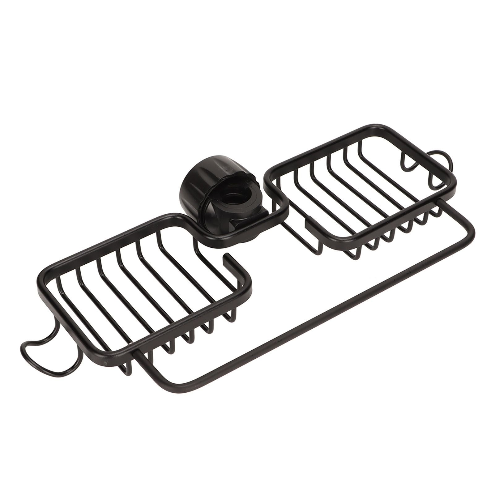 Faucet Storage Shelf Aluminum Plastic Two Containers with Towel Rod for Sponge Rag Kitchen Bathroom Black