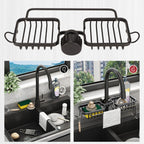 Faucet Storage Shelf Aluminum Plastic Two Containers with Towel Rod for Sponge Rag Kitchen Bathroom Black