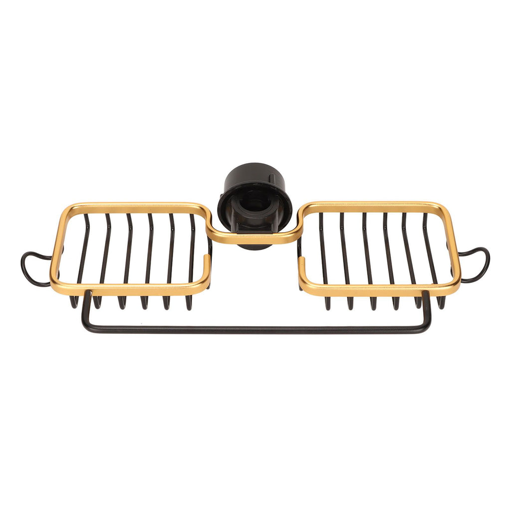 Faucet Storage Shelf Aluminum Plastic Two Containers with Towel Rod for Sponge Rag Kitchen Bathroom Black Gold