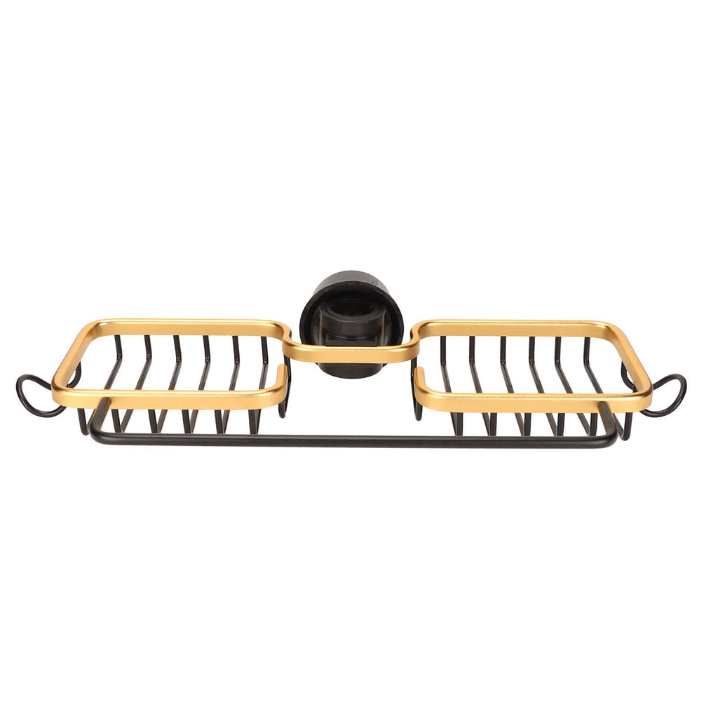Faucet Storage Shelf Aluminum Plastic Two Containers with Towel Rod for Sponge Rag Kitchen Bathroom Black Gold
