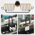 Faucet Storage Shelf Aluminum Plastic Two Containers with Towel Rod for Sponge Rag Kitchen Bathroom Black Gold