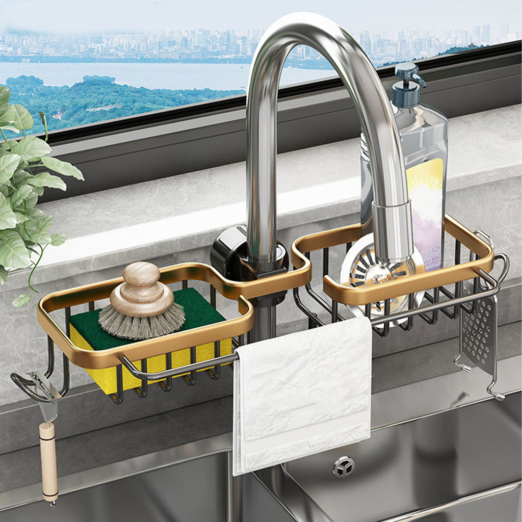 Faucet Storage Shelf Aluminum Plastic Two Containers with Towel Rod for Sponge Rag Kitchen Bathroom Black Gold