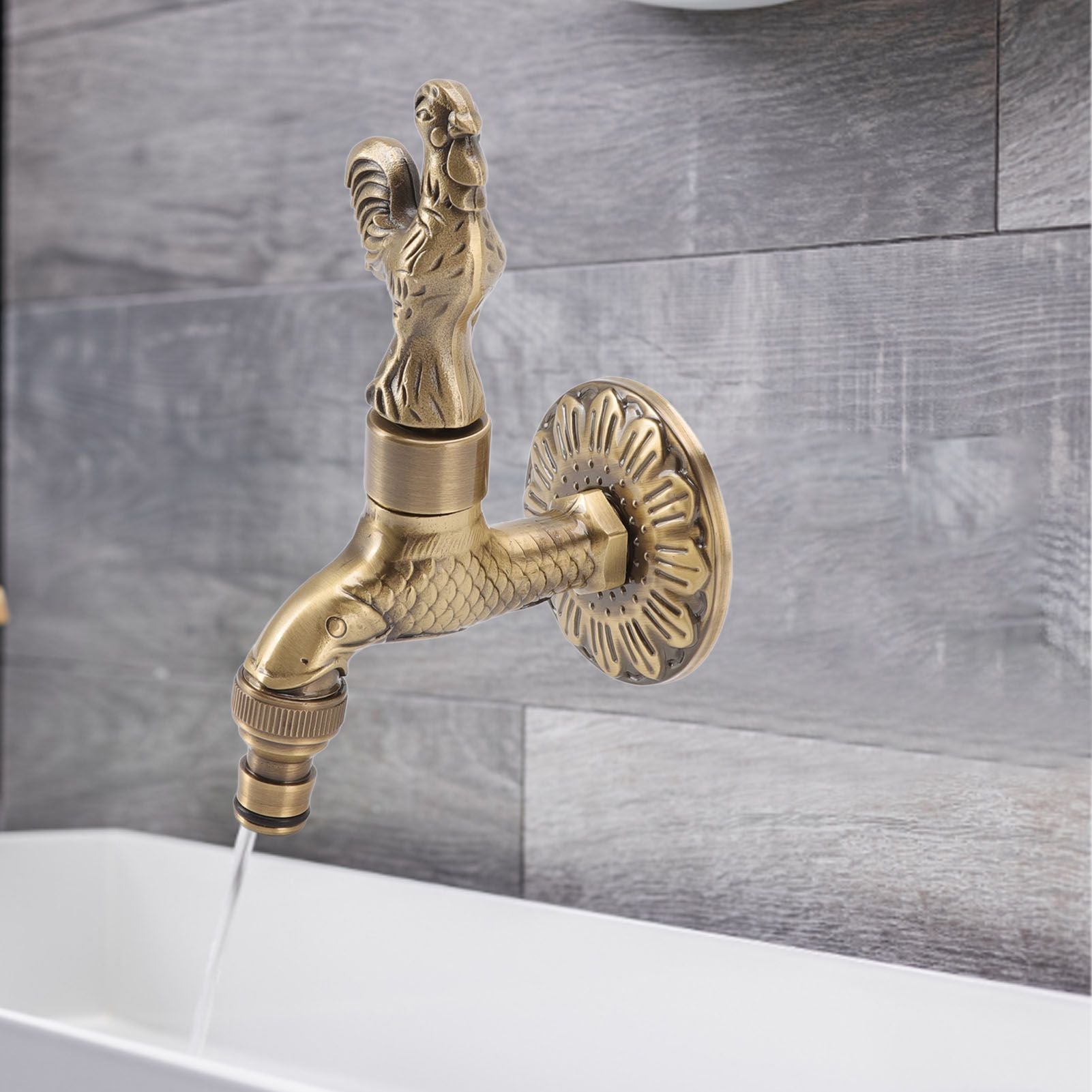 Antique Carved Faucet Bronze Copper Carp Retro Anti Rust Outdoor Garden Tap for Toilet G1/2in Rooster