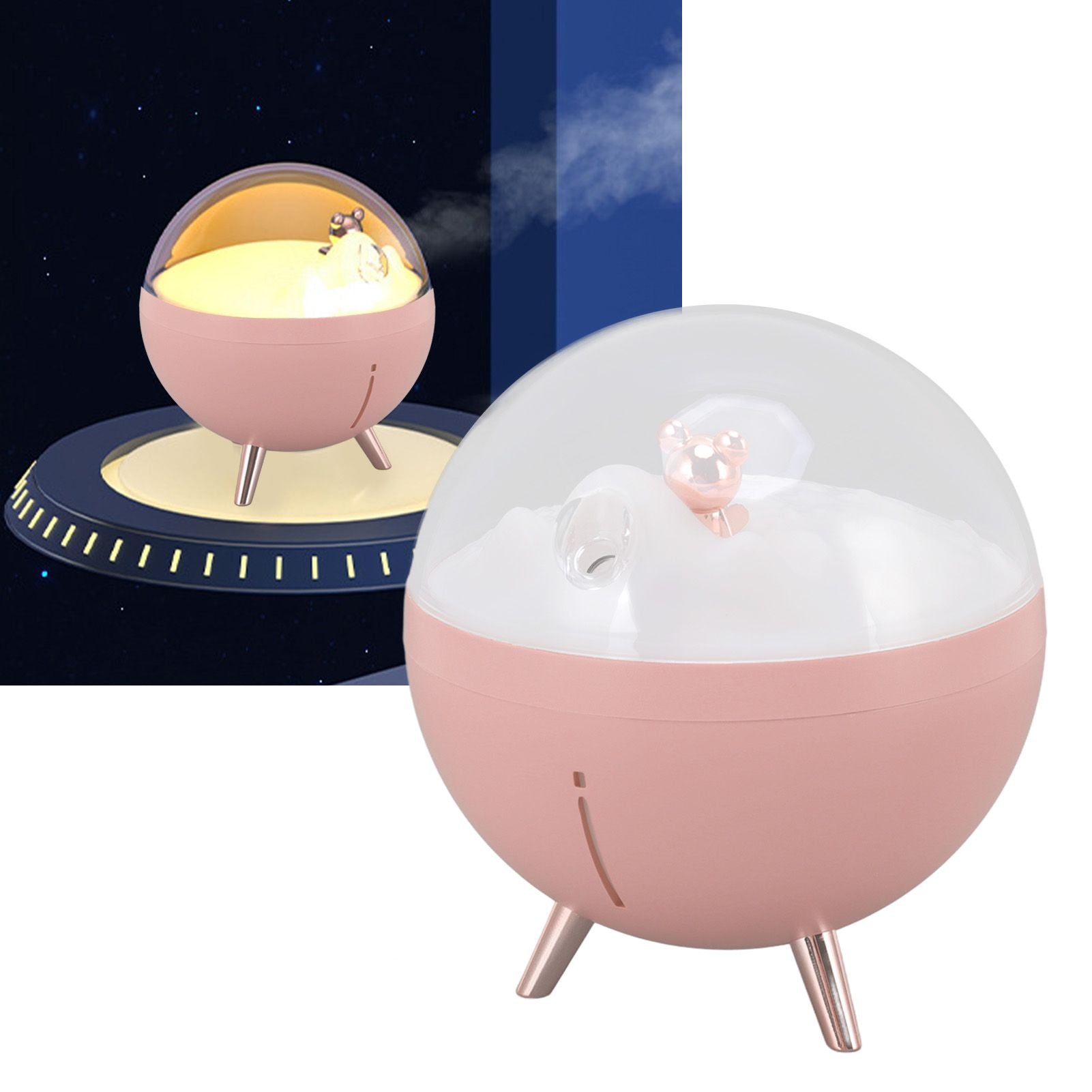 260ml Air Humidifier Space Bear Designed ABS with Night Light USB Charging Mini Mist Diffusor for Home Children Pink