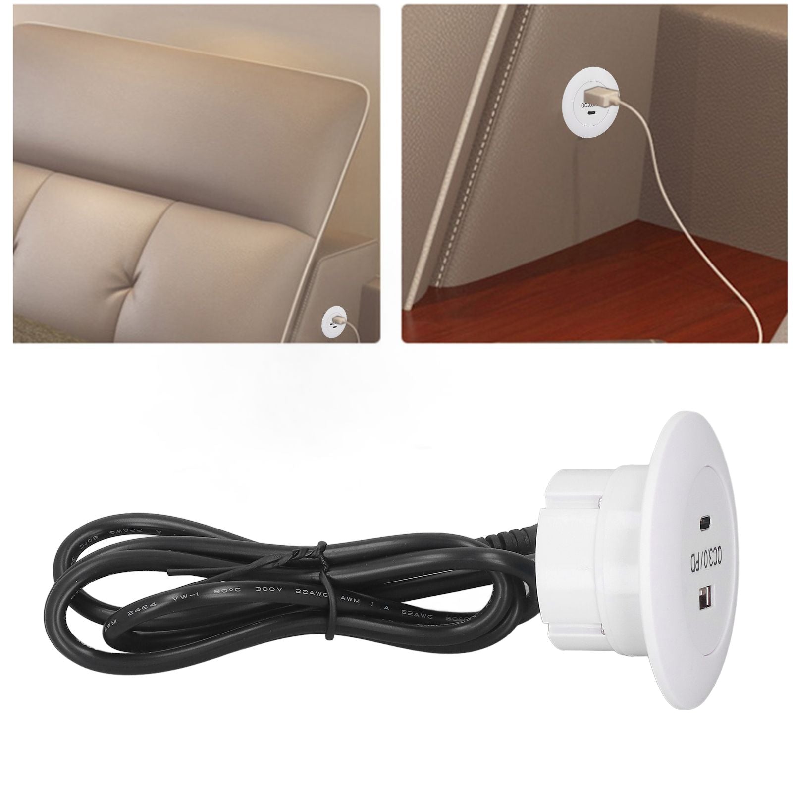 Embedded Charging Round Port QC3.0 Fast Charging Phone Desktop Charger Station for Home 12‑30V 30W White