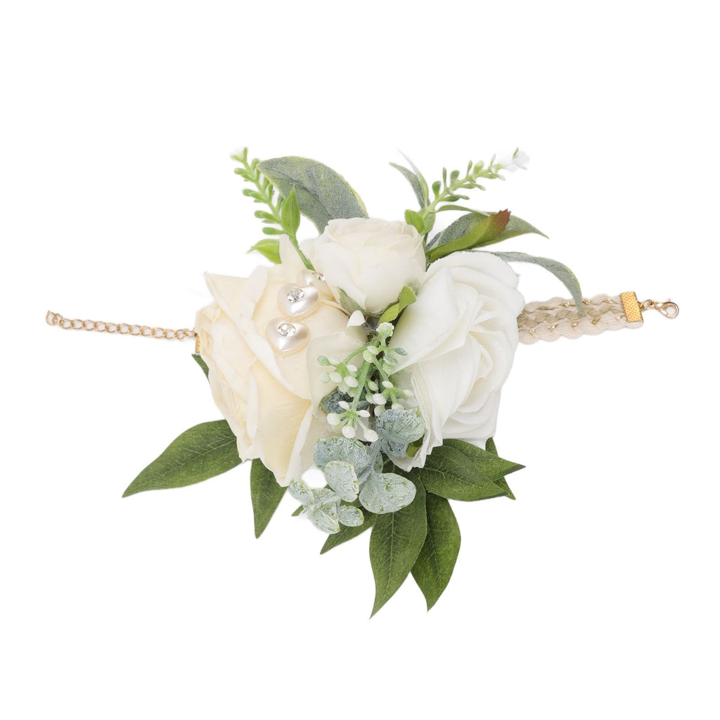 Wrist Corsages for Wedding Bride Wrist Flower Decorative White Roses and Green Leaves for Prom Party