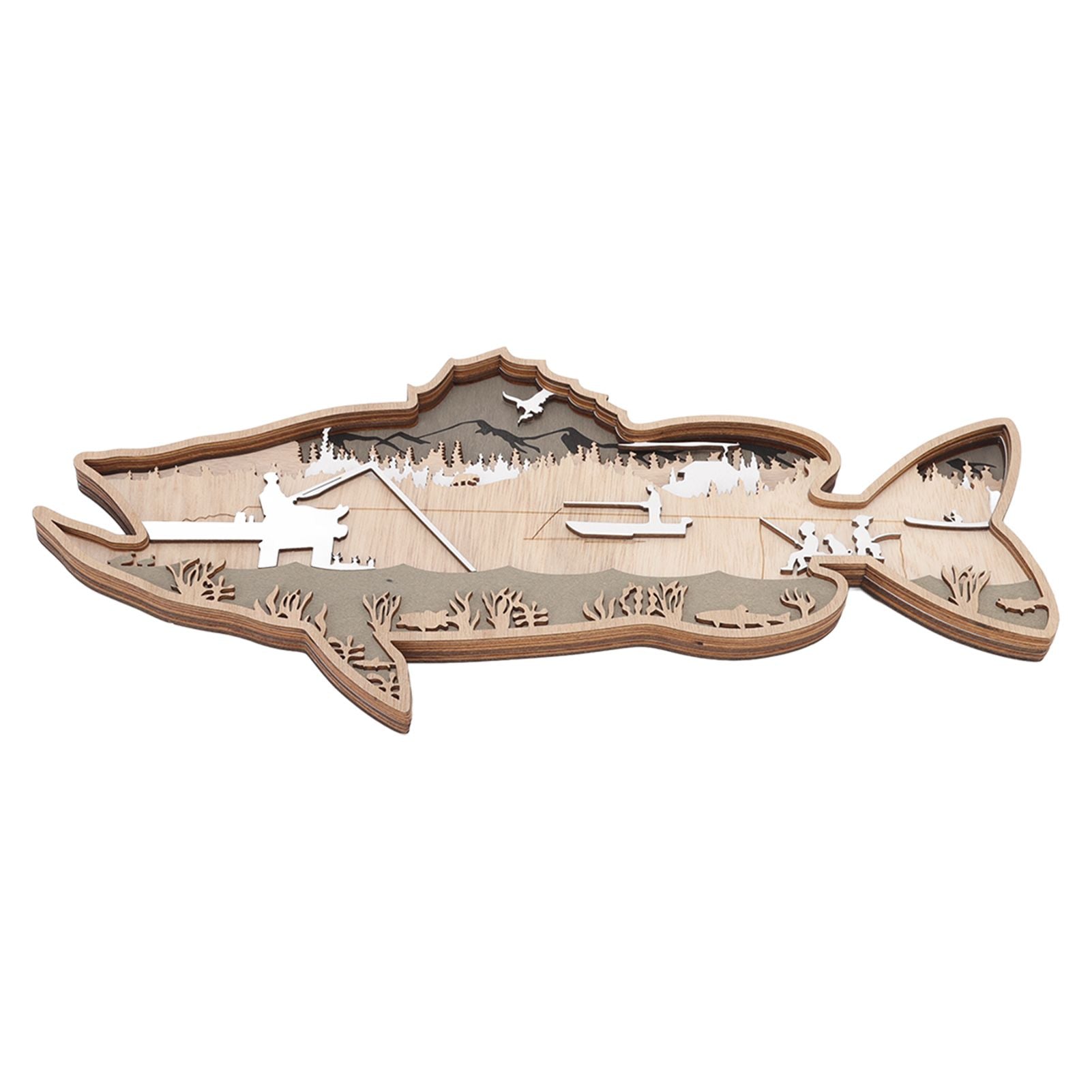 Wooden Hollowed Fish Figurine Multilayer Boxwood Decorative Wooden Hollowed Fish Striped for Home Office Canteen Salmon