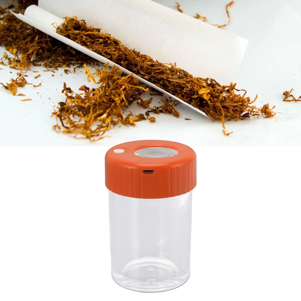 Magnifying Viewing Jar Multifunctional Waterproof Portable Magnifying Glass Storage Jar with LED Light for Tobacco Orange
