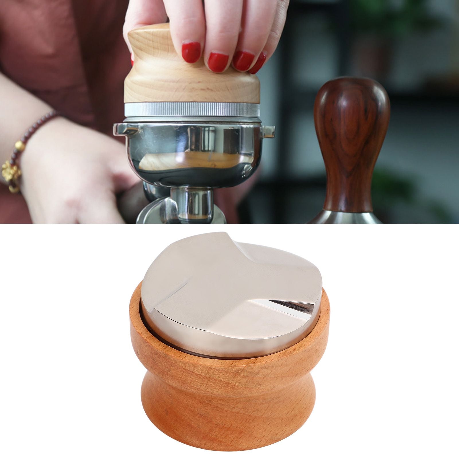 Coffee Distributor Coffee Hand Tamper Adjustable Depth Coffee Leveler Tool with Beech Handle 53mm/2.1in