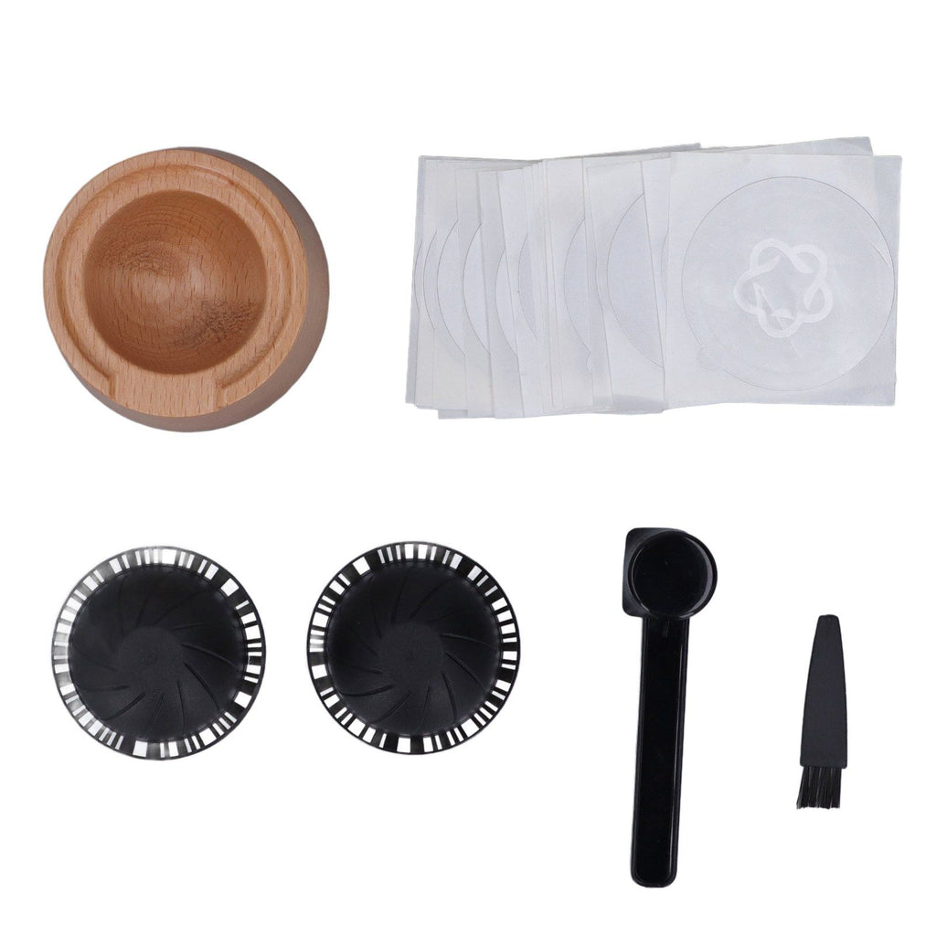 Coffee Capsule Filter Cup Kit Black with Beech Holder Aluminum Foil Spoon Brush 230ml Reusable Coffee Powder Filler