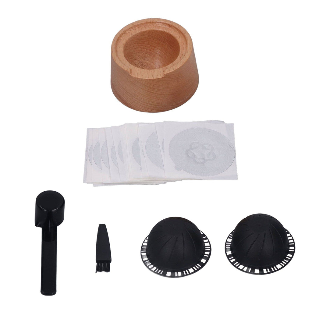 Coffee Capsule Filter Cup Kit Black with Beech Holder Aluminum Foil Spoon Brush 230ml Reusable Coffee Powder Filler
