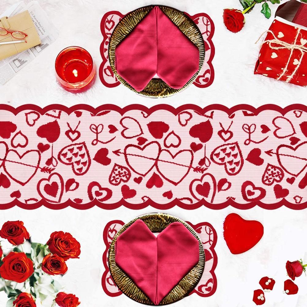 5 Pack Valentines Day Decorations Sets Lace Red Heart Table Runner and Placemats Valentines Day Decor for Home Wedding Anniversary Party