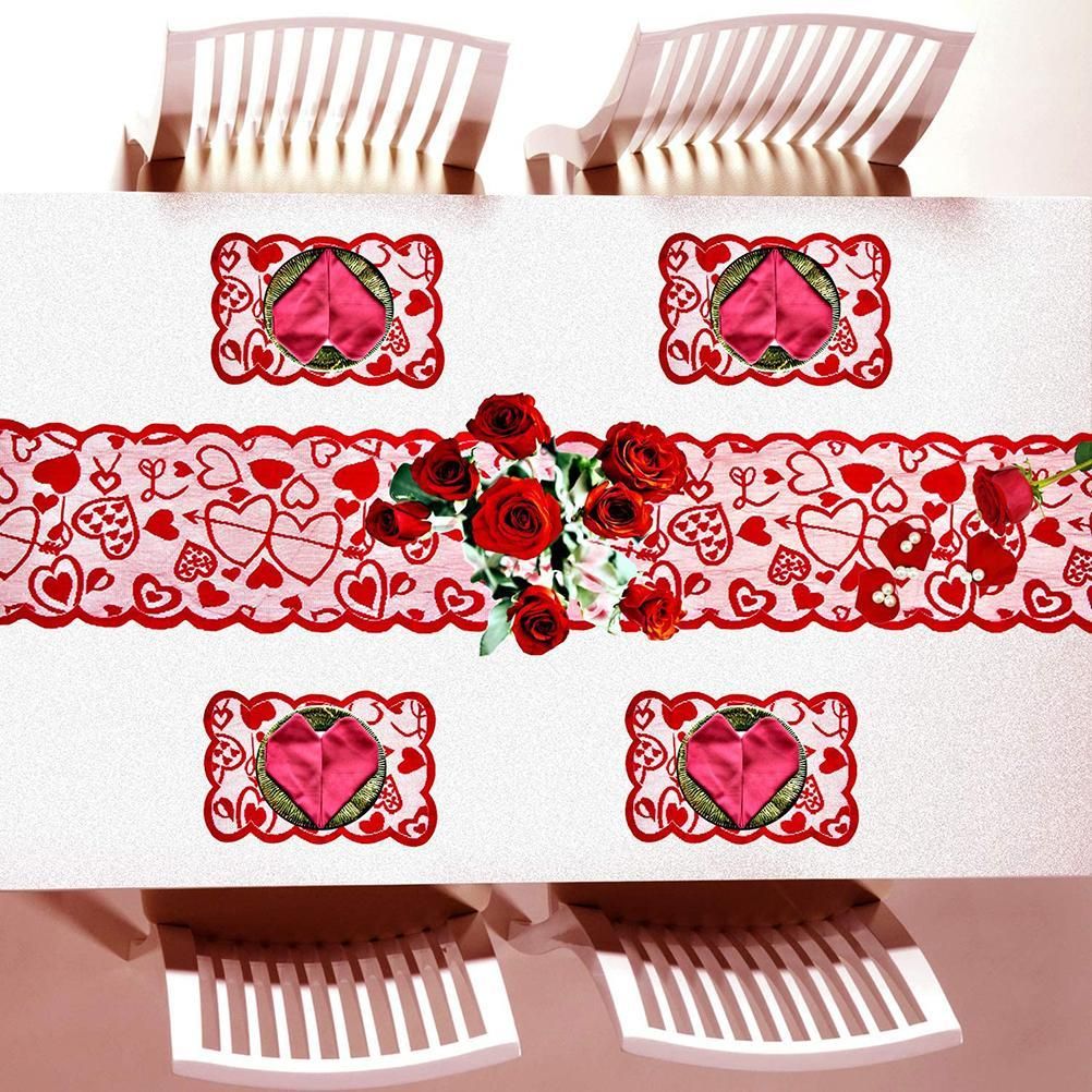 5 Pack Valentines Day Decorations Sets Lace Red Heart Table Runner and Placemats Valentines Day Decor for Home Wedding Anniversary Party