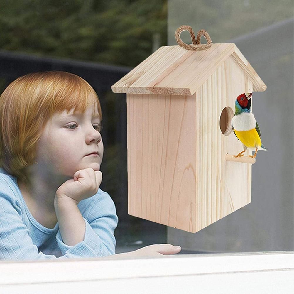 Birdhouse Bird Feeder Wooden Hanging Nest Box Outdoor Window Cage with Suction Cups