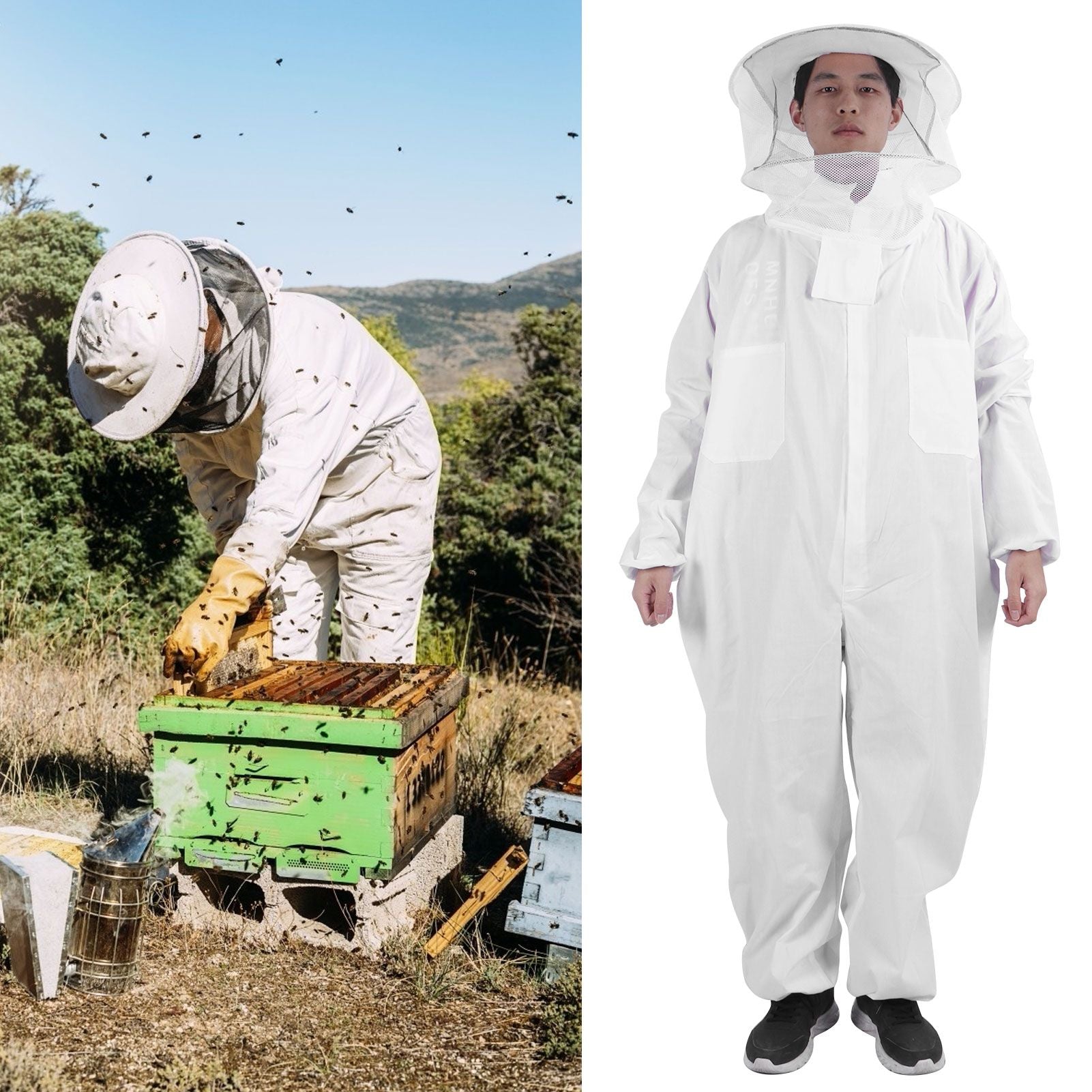 OnePiece Beekeeping Suit Protective Clothes with Dual Zippers Beekeeping Supplies White