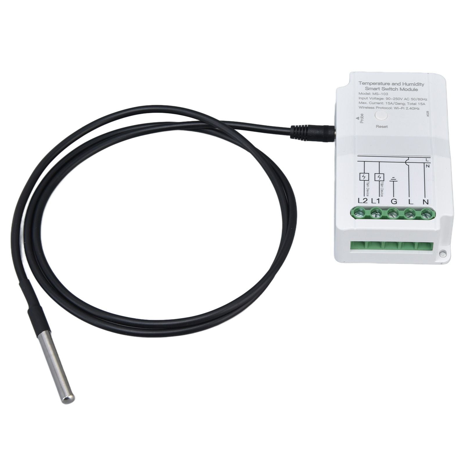 WiFi Temperature Humidity Switch Module Dual Relay Output with Temperature Probe 90‑250V for TUYA Smart App