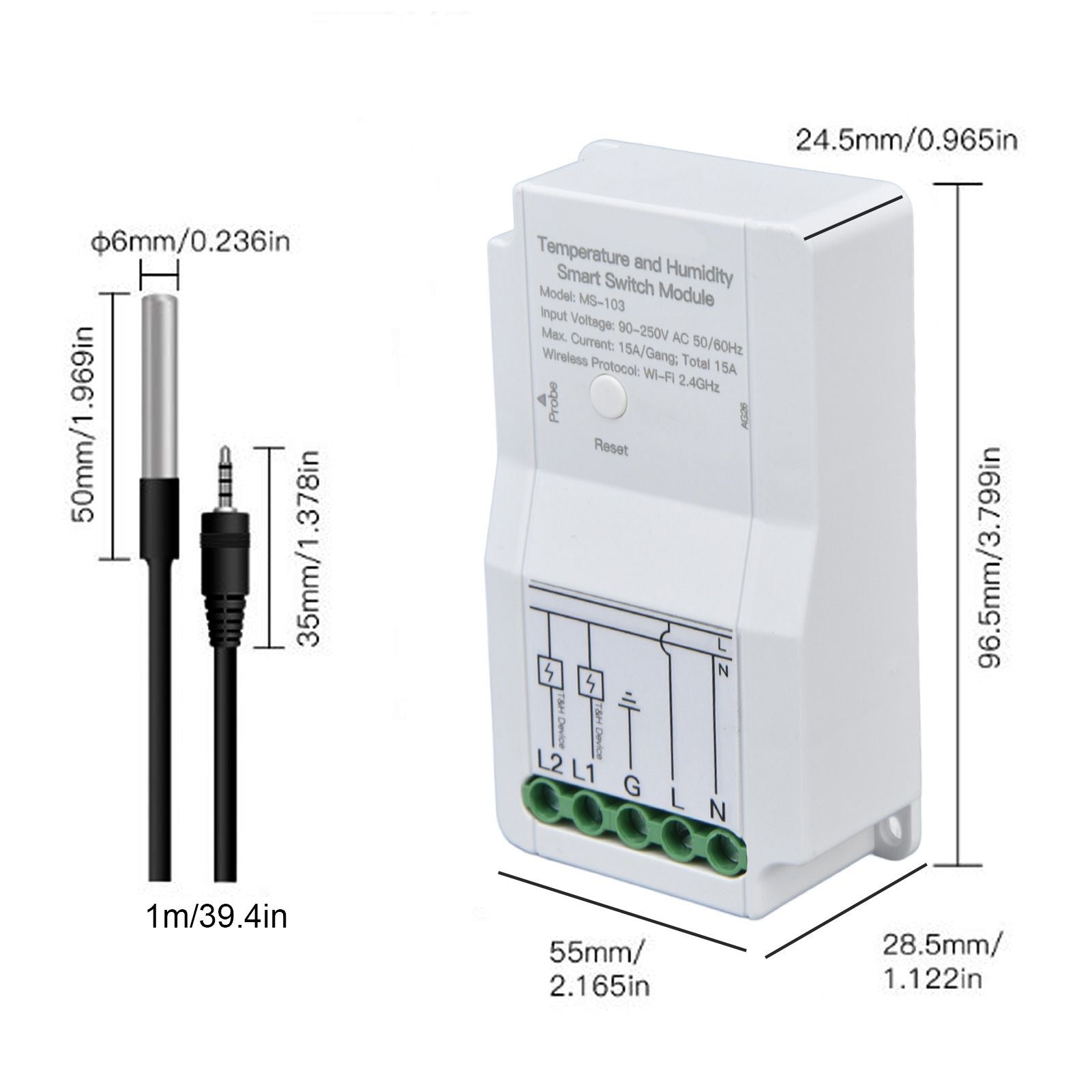 WiFi Temperature Humidity Switch Module Dual Relay Output with Temperature Probe 90‑250V for TUYA Smart App