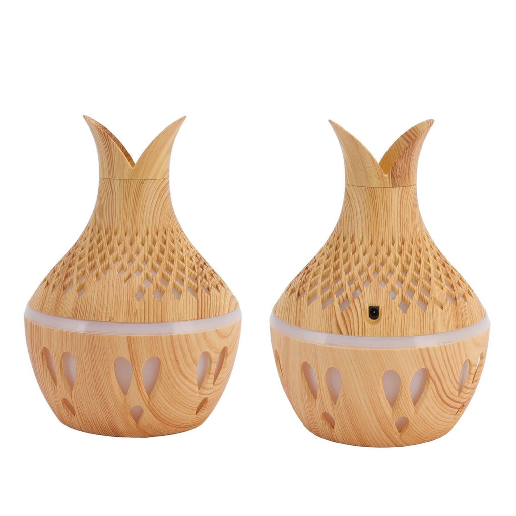 300ml Wood Grain Humidifier USB Powered Aroma Diffuser Humidifier with Ambient Night Light 2 Petal Hollow Shape