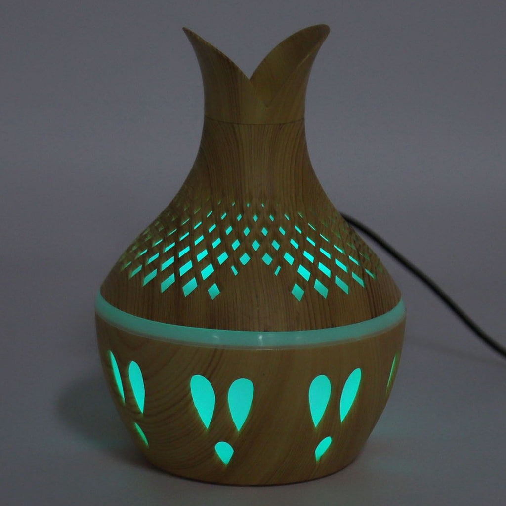 300ml Wood Grain Humidifier USB Powered Aroma Diffuser Humidifier with Ambient Night Light 2 Petal Hollow Shape