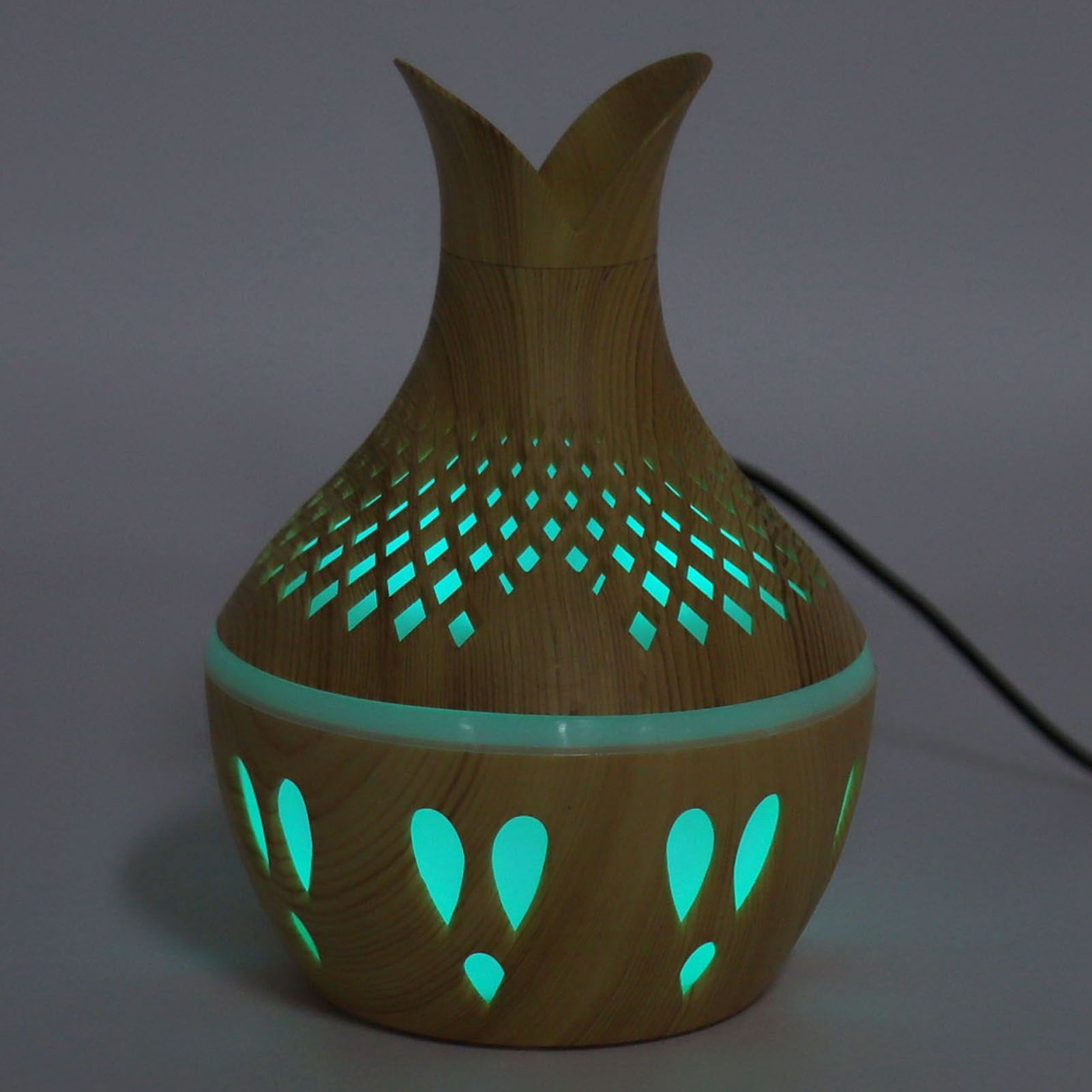 300ml Wood Grain Humidifier USB Powered Aroma Diffuser Humidifier with Ambient Night Light 2 Petal Hollow Shape