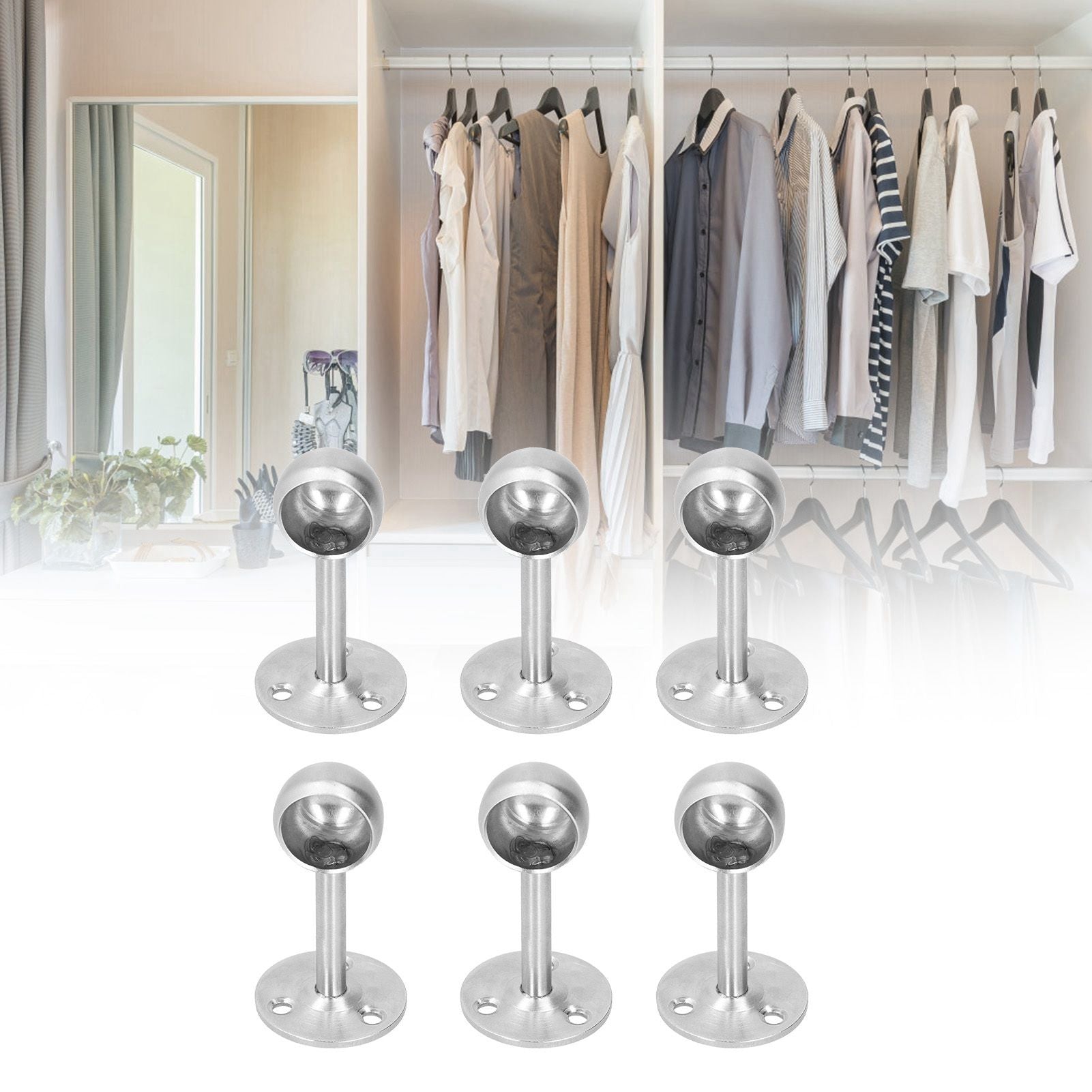 6Pcs Flanged Socket Stainless Steel Curtain Rod Brackets Wardrobe Pole Holder Hardware Fitting22 Half Pass