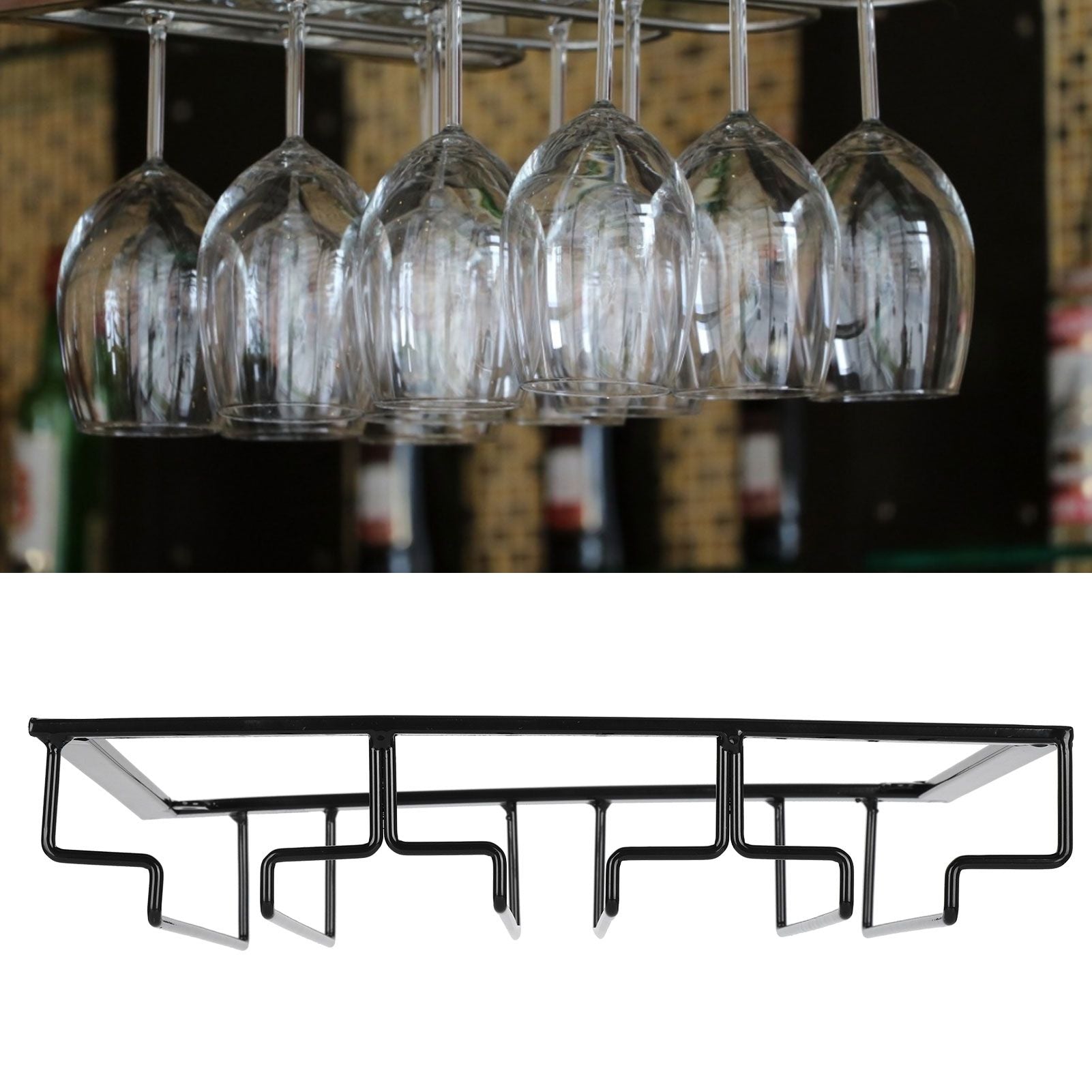Wine Glass Rack Under Cabinet Stemware Holder Storage Hanger Metal Organizer for Bar Kitchen3 Slot 30x22.5cm Black