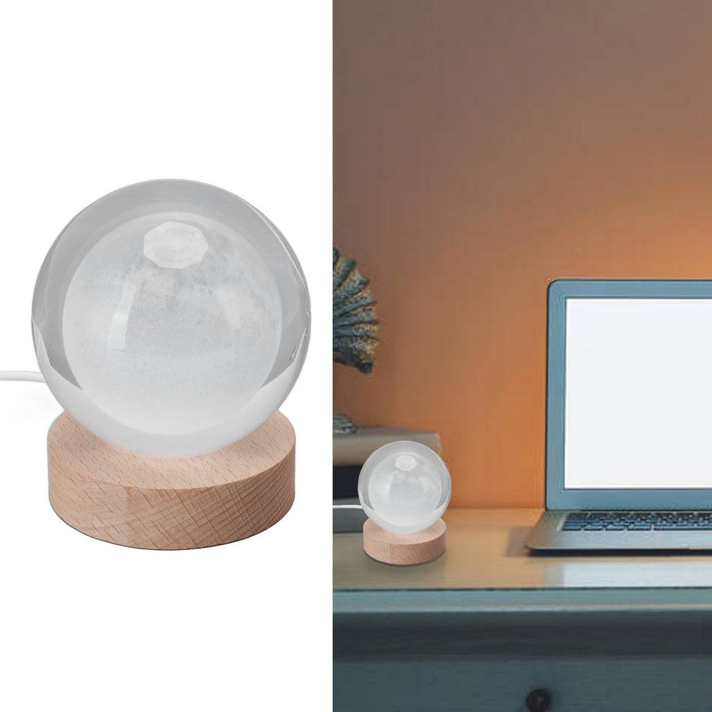 3D Moon Night Lamp Crystal Ball Night Light LED Wooden Inter Carving Tabletop Ornaments for Friends Kids Gifts Moon White Light