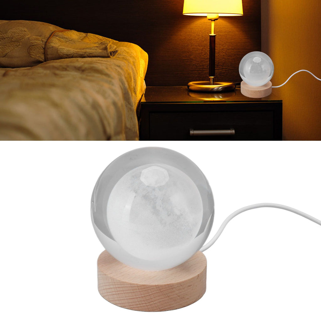 3D Moon Night Lamp Crystal Ball Night Light LED Wooden Inter Carving Tabletop Ornaments for Friends Kids Gifts Moon White Light
