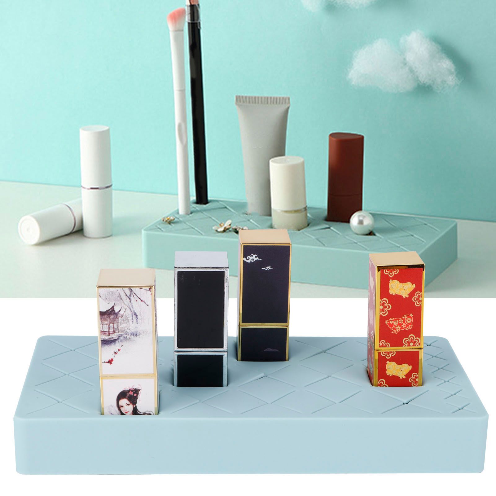 24 Slots Silicone Lipstick Organizer Makeup Cosmetics Holder Storage Box Display StandBlue