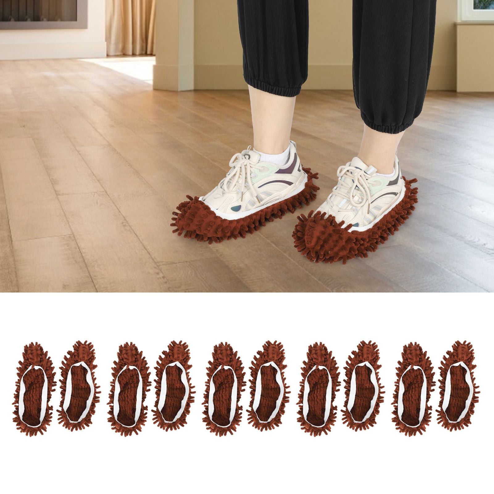 10Pcs Chenille Mop Slippers Multifunction Floor Cleaning Shoes Dust Cleaner AccessoryBrown