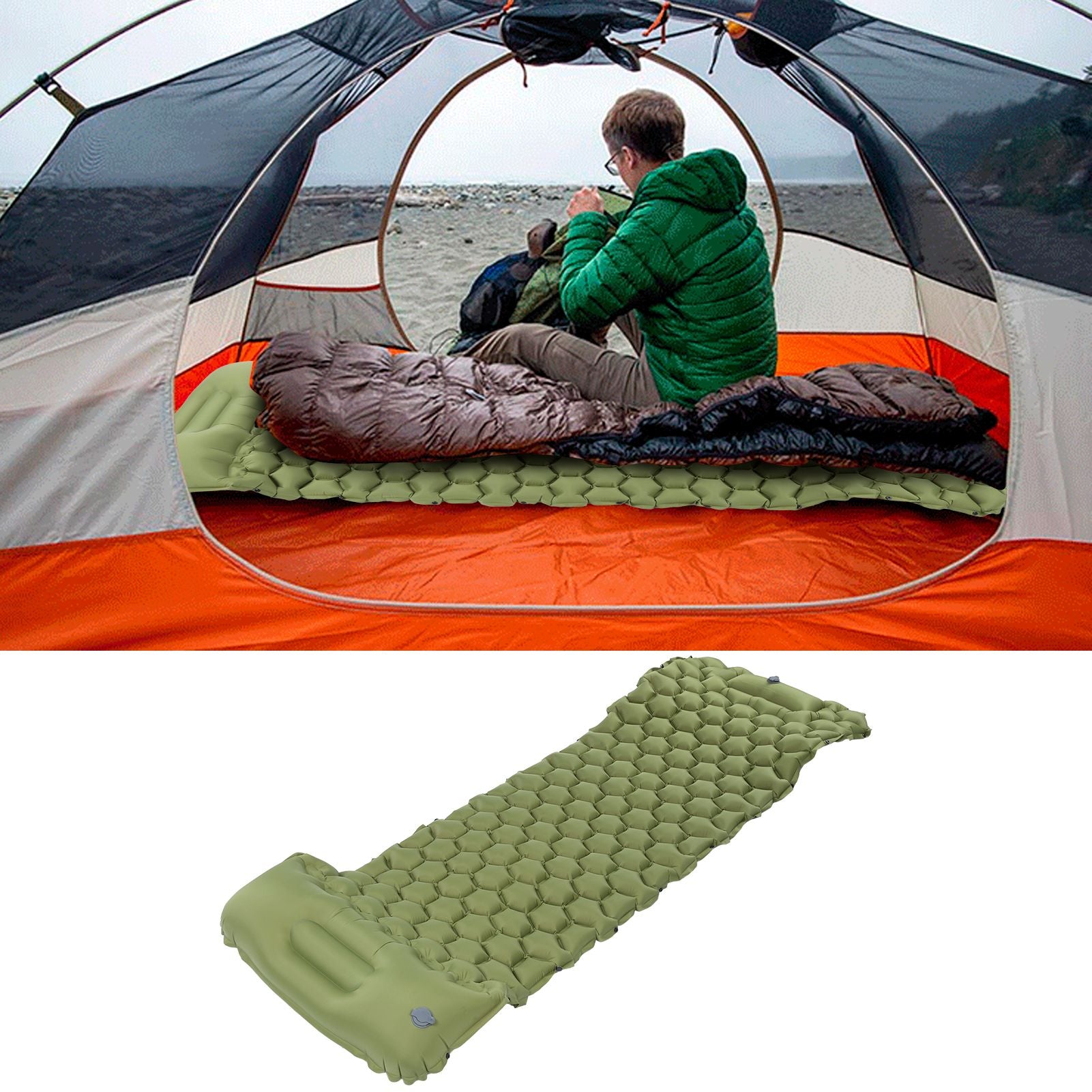 Camping Sleeping Pad Mat Foot Press Inflatable Cushion Mattress for Tent Hiking TravelMilitary Green