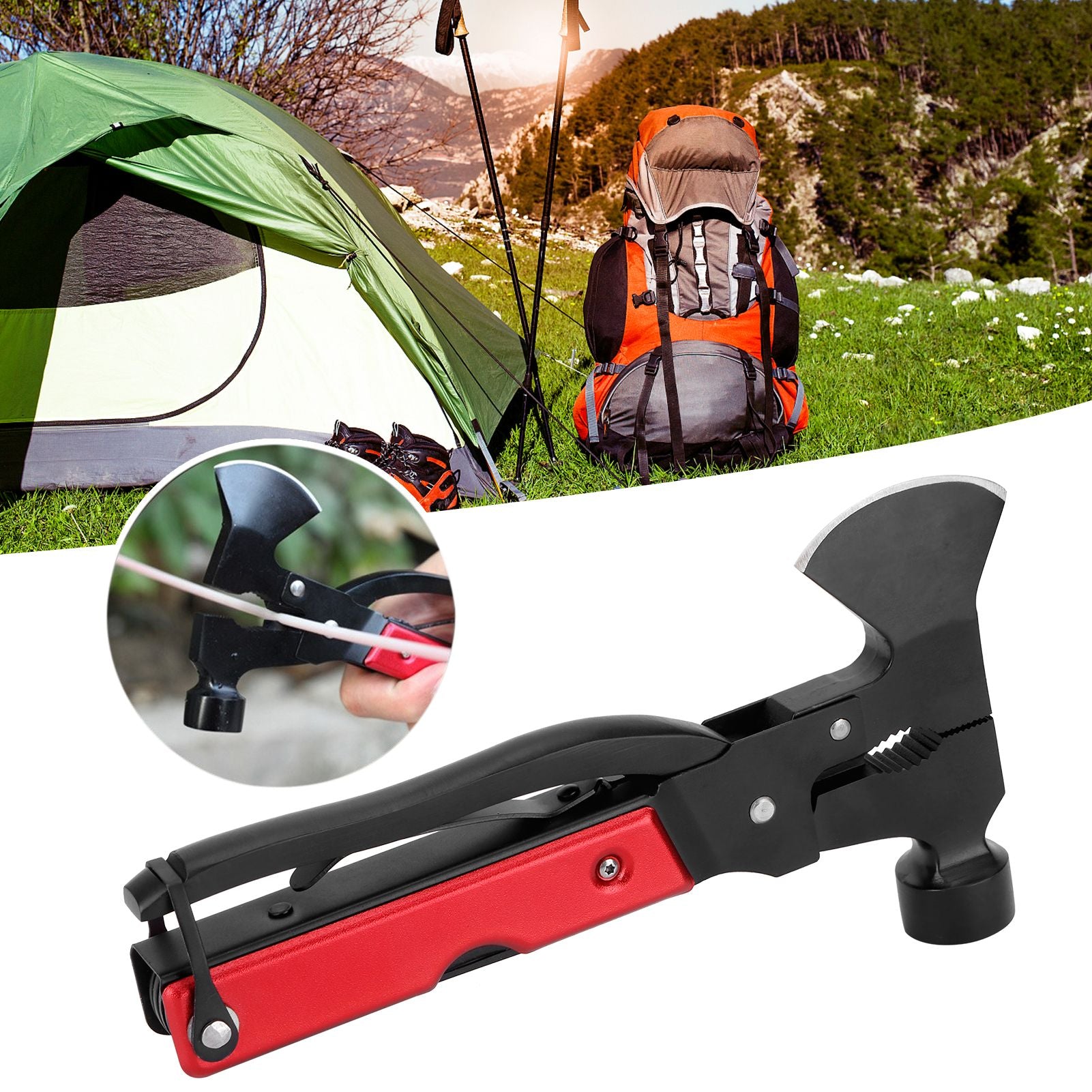15In1 Axe Hammer MultiFunctional Camping Survival Screwdrivers Pliers Bottle Opener(Red )