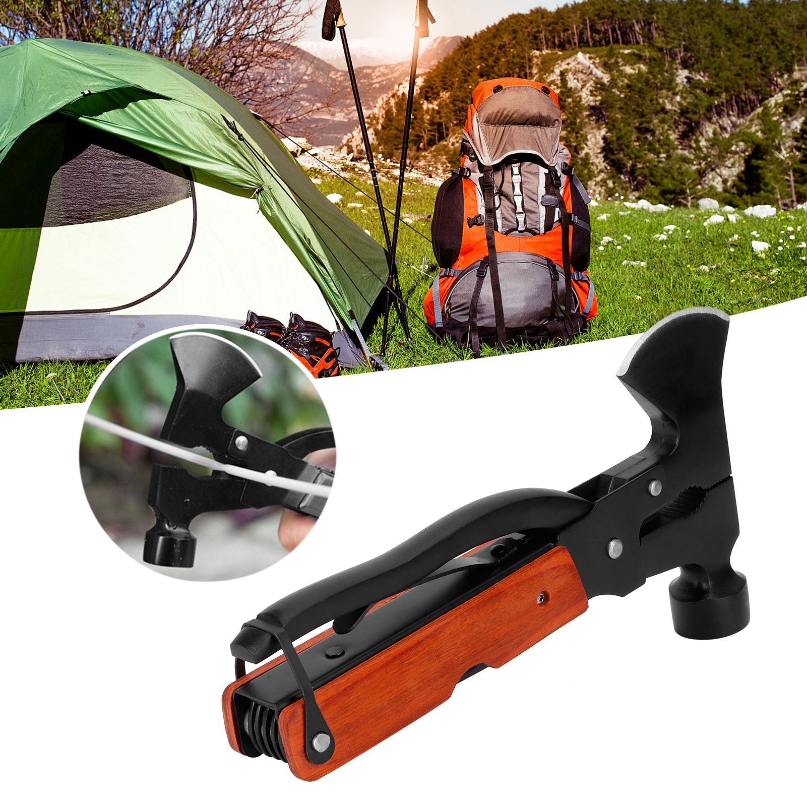 15In1 Axe Hammer MultiFunctional Camping Survival Screwdrivers Pliers Bottle Opener(Wood Grain )