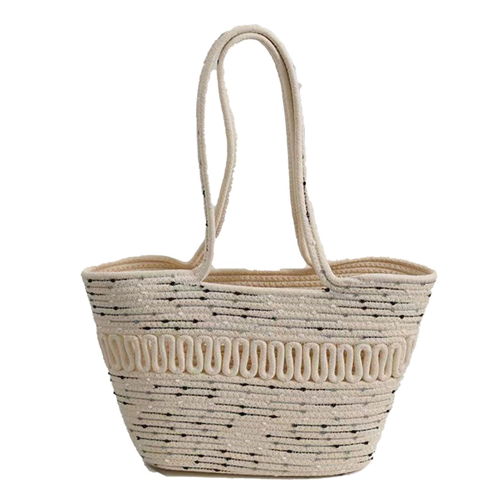 Straw Bag Woven Papyrus Large Capacity Simple Hollow Design Woven Basket Bag for Travel Holiday Black Dots in White