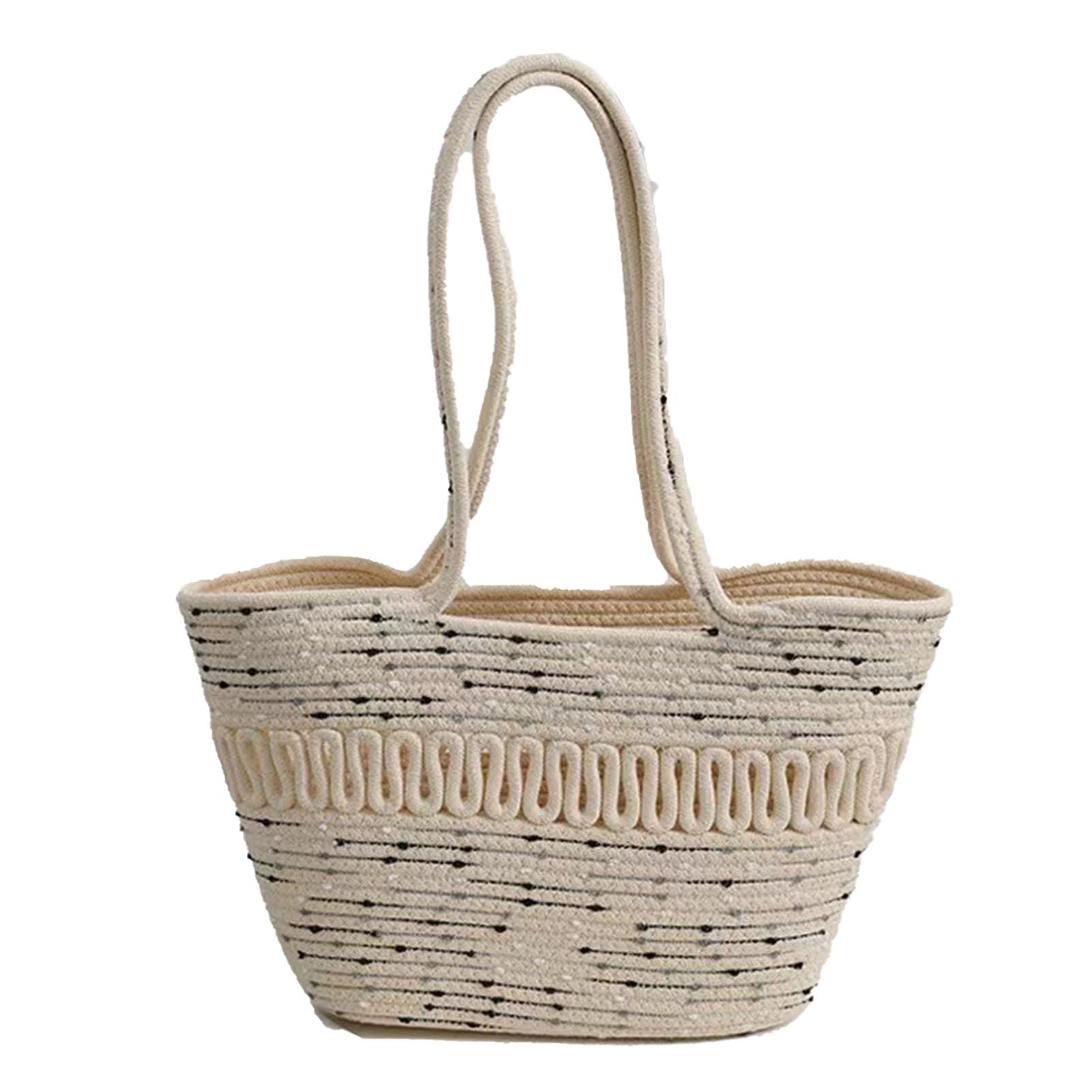 Straw Bag Woven Papyrus Large Capacity Simple Hollow Design Woven Basket Bag for Travel Holiday Black Dots in White