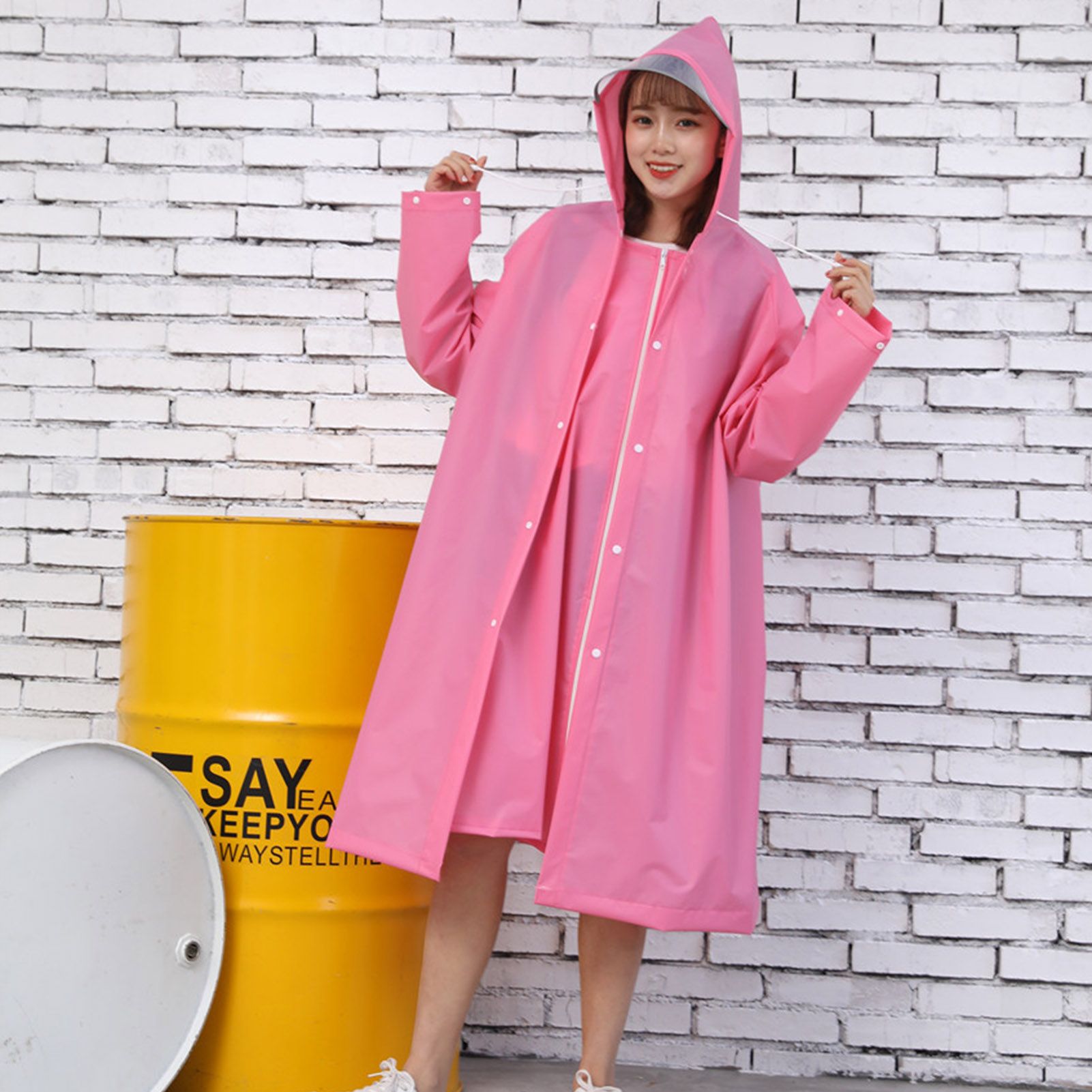 Adult Rain Poncho EVA Breathable Hooded Rain Poncho Outdoor Bike Cycling Raincoat for Men Women Rose Red M