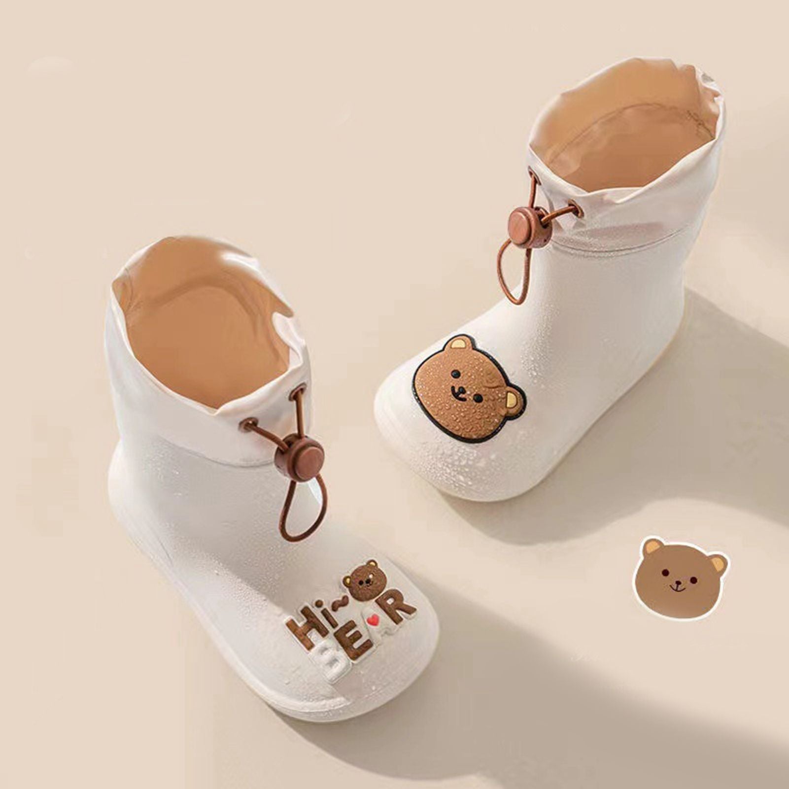 Children Rain Boot Anti Slip Waterproof Rain Boots Beam Port Cartoon Student Water Shoes for Boys Girls With Drawstring Rice White Bear 15