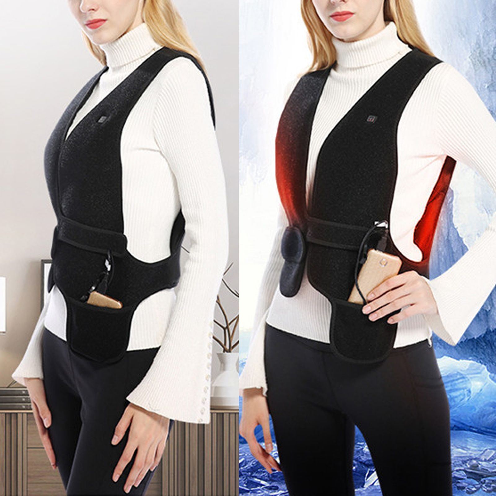 Heated Vest V Neck Fast Warmer Up Jacket USB Charge Electric Warming Heating for Winter Outdoor Men Women Black