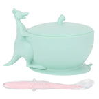 Cute Silicone Baby Feeding Bowl Spoon Set with Suction Base Non-Slip Tableware for InfantLight Green