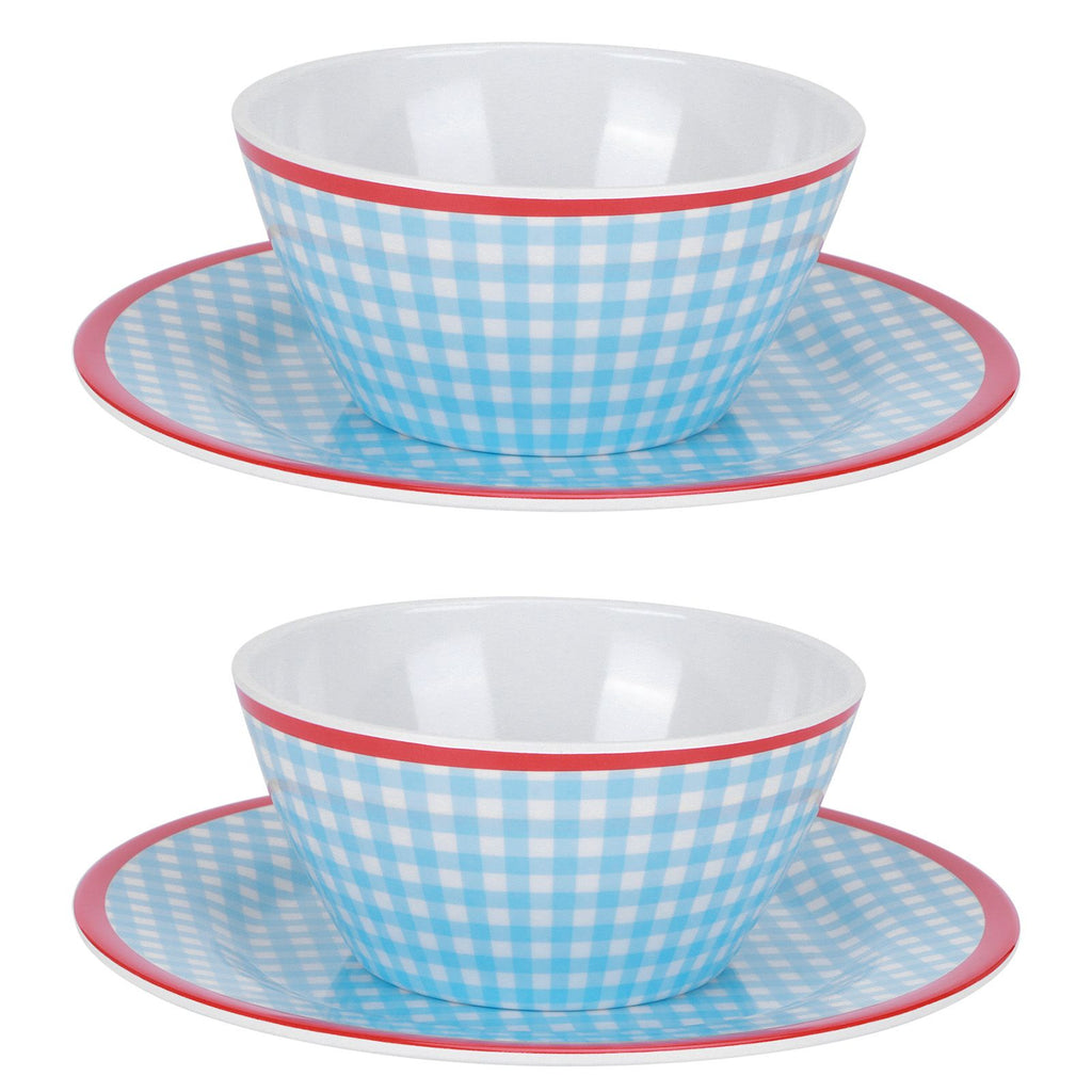 4Pcs/Set Salad Bowl Dish Light Blue Grid Pattern Imitation Porcelain Snack Plate Tableware